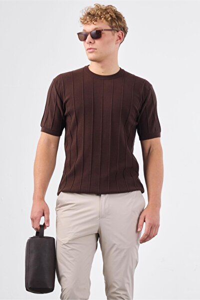 Dufy Kahve Fitilli Erkek Triko - Slim Fit