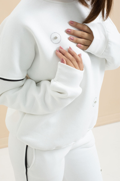 Cansın Mini White Sequin Embroidered Hooded Girl's 2-Piece Tracksuit Set 21425