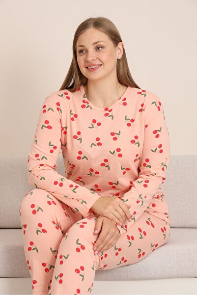 STELLAPİNK BATTAL UZUN KOLLU KİRAZ BASKILI PİJAMA TAKIMI -TURUNCU