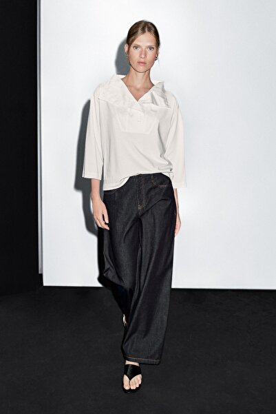 Massimo Dutti %100 pamuklu orta bel geniş paça jean