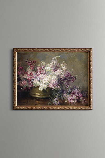 epiqart Beyaz ve Pembe Çiçeklerle Dolu Bakır Kase - Vintage Desenli Çerçeve