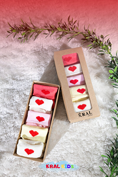 KRAL SOCKS Baby Girl Socks Set 5 Pairs – Heart Patterned – Boxed – Booties Size – Cotton