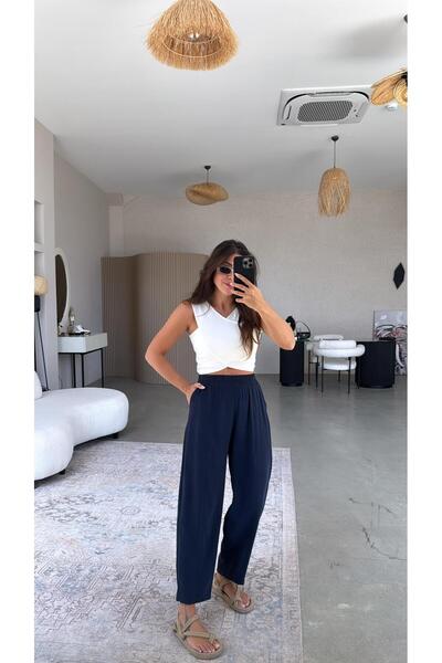 Buket Teke Navy Blue Washed Fabric Trousers with Elastic Waist