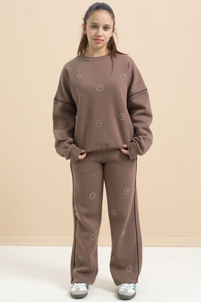 Cansın Mini Brown Sequin Embroidered Hooded Girl's 2-Piece Tracksuit Set 21424