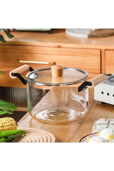 rexa Clear Heat-Resistant Glass Pot with Lid and Wooden Handle -4.5L