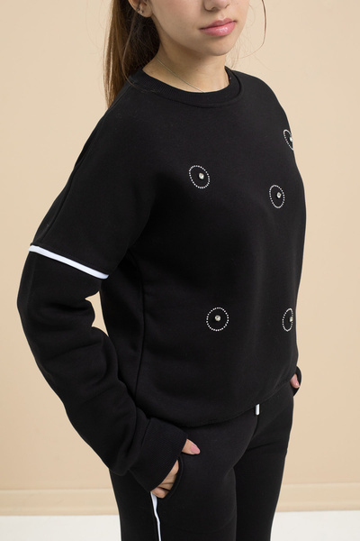 Cansın Mini Black Sequin Embroidered Hooded Girl's 2-Piece Tracksuit Set 21428