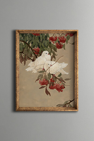 epiqart Beyaz Güvercinler - Vintage Desenli Çerçeve