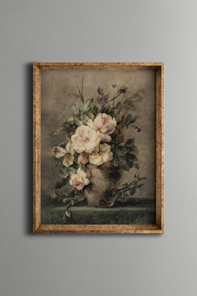 epiqart Vazoda Çalı Gülleriyle Natürmort - Vintage Desenli Çerçeve