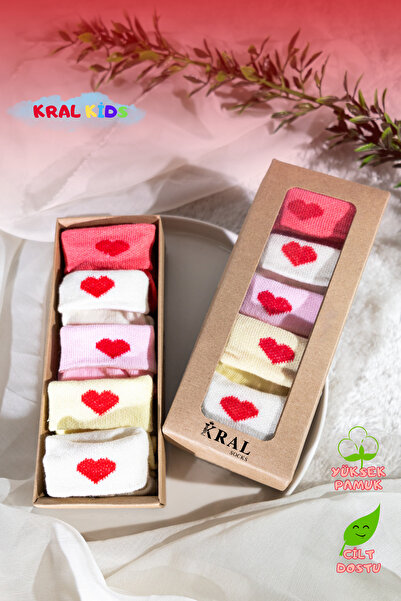 KRAL SOCKS Baby Girl Socks Set 5 Pairs – Heart Patterned – Boxed – Booties Size – Cotton