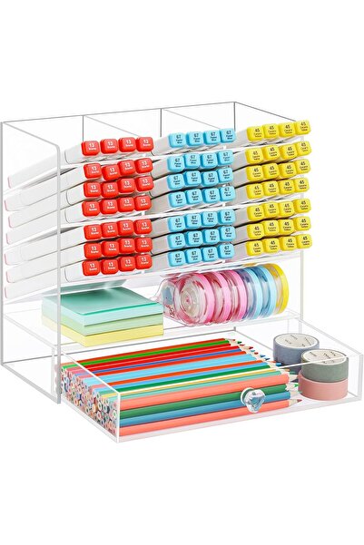 Slasa Acrylic Desk Organizer by with 12 Compartments and Sliding Drawer, Transparent Polished Pen Ho