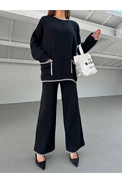 Lamierra White Stitching Detailed Modern Knitwear Women's Bottom-Top Set