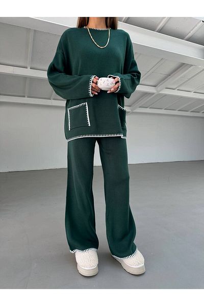 Lamierra White Stitching Detailed Modern Knitwear Women's Bottom-Top Set