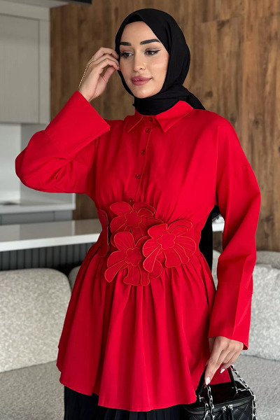 julude Red Shirt Collar Daisy Applique Hijab Tunic with Elastic Waist