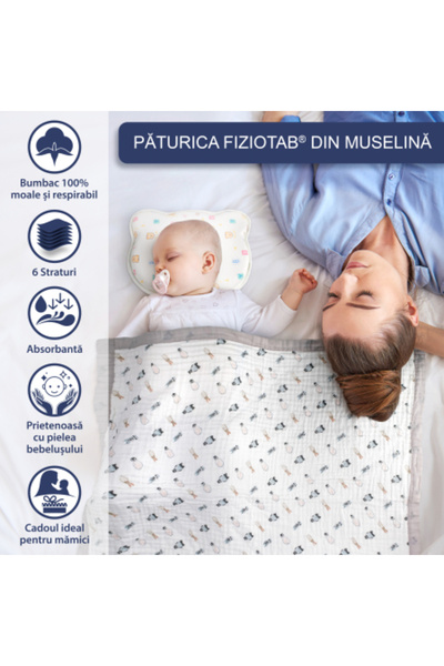 FizioTab FizioTab® Baby Blanket, 6 Layer Muslin, 110 x 110 cm, Cotton, Penguins