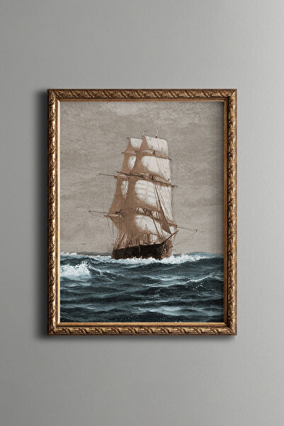 epiqart Maine Kıyılarında Yelkenli Gemi - Vintage Desenli Çerçeve