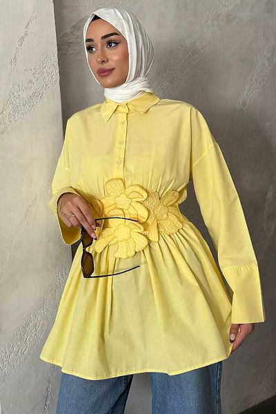 julude Yellow Shirt Collar Daisy Applique Hijab Tunic with Elastic Waist