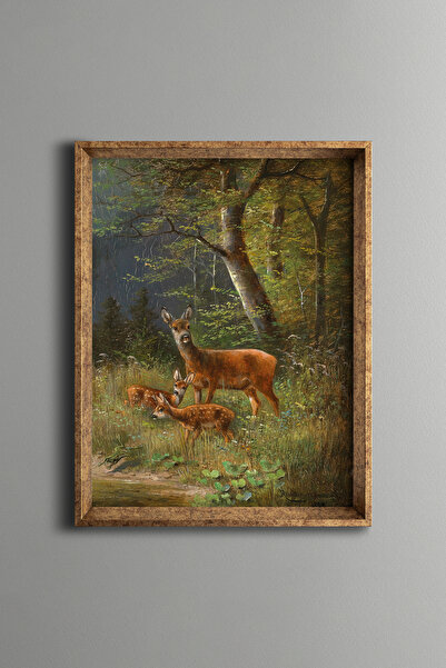 epiqart Kızıl Geyik Ailesi - Vintage Desenli Çerçeve