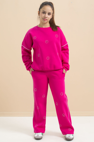 Cansın Mini Fuchsia Sequin Embroidered Hooded Girl's 2-Piece Tracksuit Set 21426