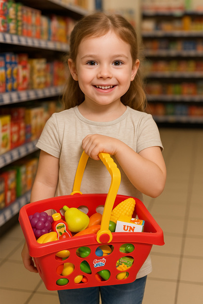 hak-iş oyuncak Dede Toy Shopping Basket Red – Grocery Set (Vegetables, Fruits and Food Products)