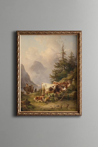 epiqart Tocană de păsări împreună cu o fată de păsări pe malul lacului - Cadru cu model vintage