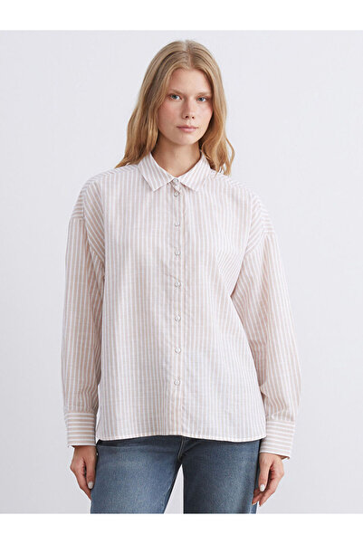 LC Waikiki Beige Striped Oversize Women's Shirt