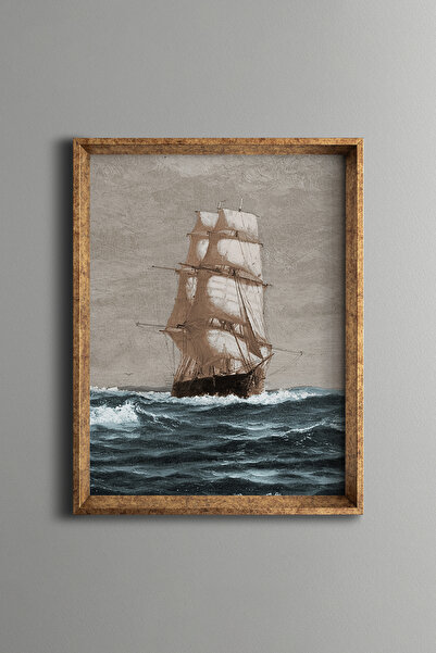 epiqart Maine Kıyılarında Yelkenli Gemi - Vintage Desenli Çerçeve