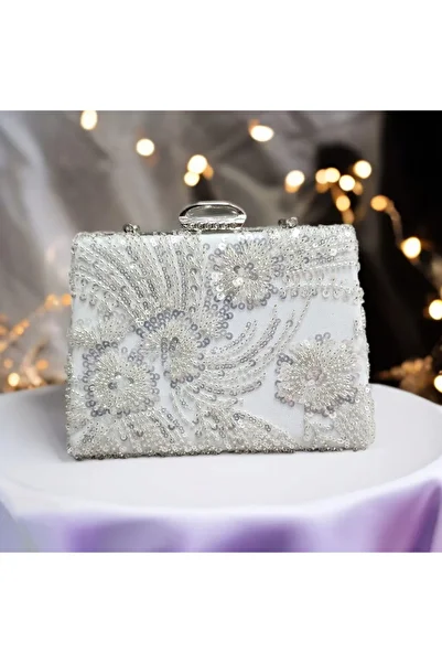 Telli Art Evening Dress Bridal Bag – White, Pearl and Sequin Embroidered, Chain