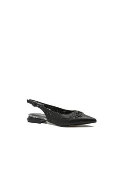 FEELİNG Black Cut-Out Women's Shoes Leather Floral Details
