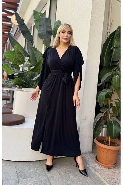 LİKRA Women's Plus Size Asymmetric Sleeve Detail Double-Collar Belt Sandy Evening Dress