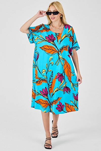 VAGGON Γυναικείο φόρεμα με μπλε βρεφικό σχέδιο με φύλλα, κοντό μανίκι, μίντι μήκους Vs00816