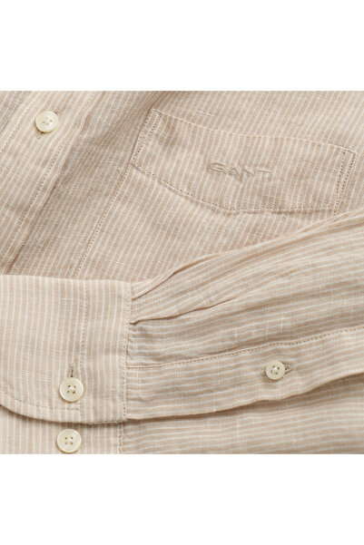 Gant Erkek Bej Regular Fit Çizgili Keten Gömlek