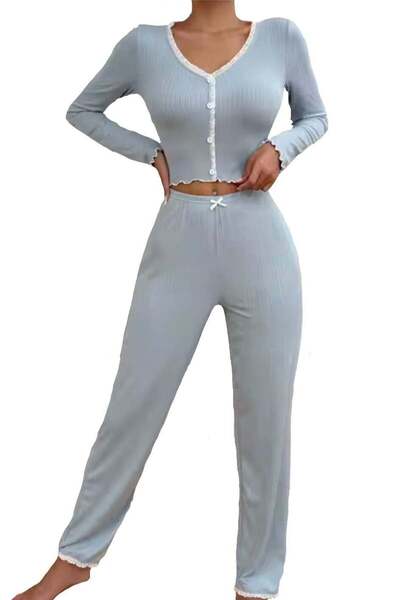 SOLOBUY Outlet Pyjama Sets Women Solid Pattern Crop Tops V Neck Long Sleeve Shirts Ruffles Pants, Color Ligh