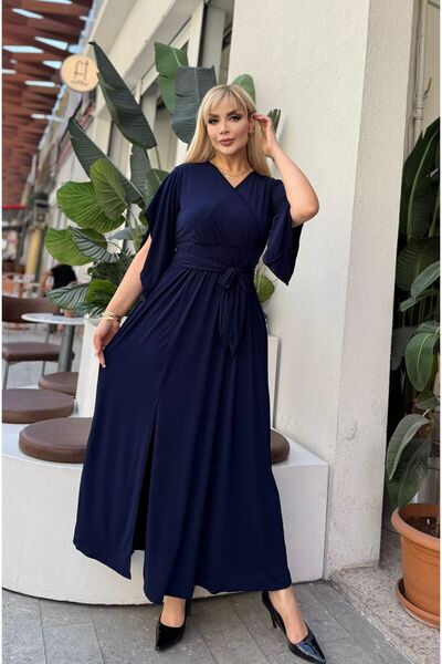 LİKRA Women's Plus Size Asymmetric Sleeve Detail Double-Collar Belt Sandy Evening Dress