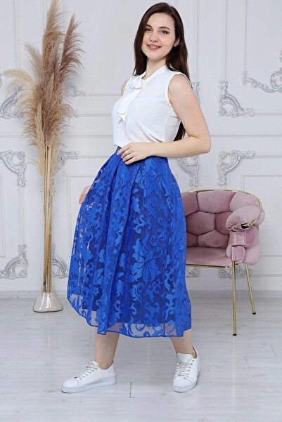 Genel Markalar Apsen Kadın Saks Pile Detaylı Kloş Uzun Boy Dantel Yazlık Etek 2170-80