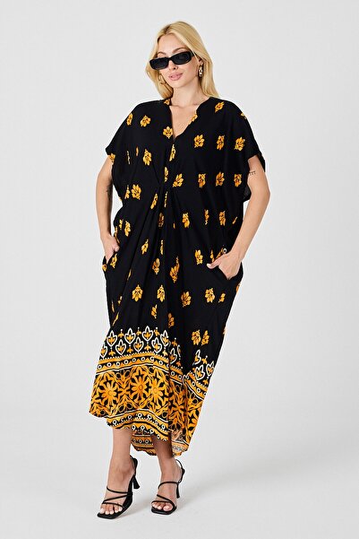 VAGGON Γυναικείο φόρεμα καφτάν με κίτρινο σχέδιο με λαιμόκοψη σε σχήμα V Vs00829