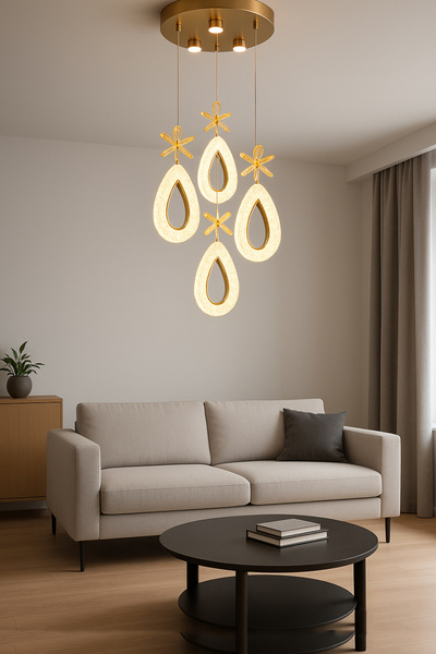 Turanconcept Arel 4lü Modern Led Avize Gold Renk Kristal Görünüm Gün Işığı Enerji Tasarruflu Salon Yemek Odası