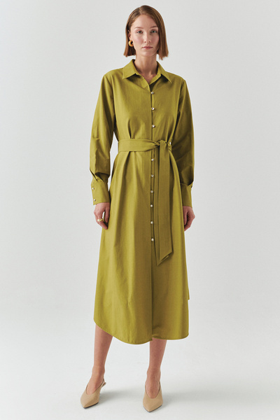 Exquise Belted Shirt Collar Long Sleeve Midi Regular Dress