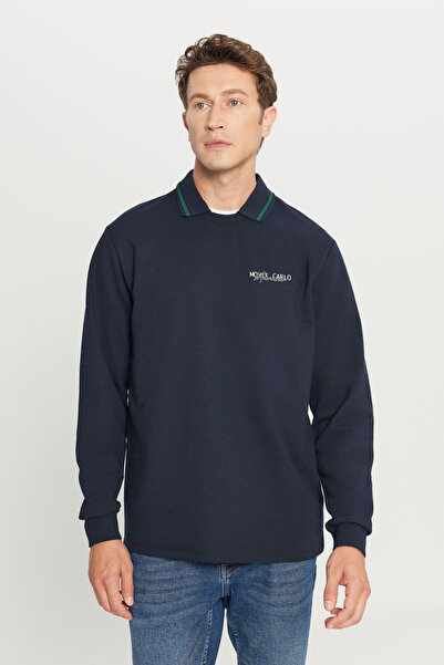 AC&Co / Altınyıldız Classics Erkek Lacivert 2 İplik Pamuklu Standart Fit Normal Kesim Polo Yaka Sweatshirt