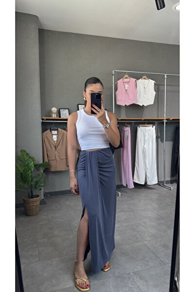 YOUR NAME Büzgülü Yırtmaçlı Modal Kumaş Etek