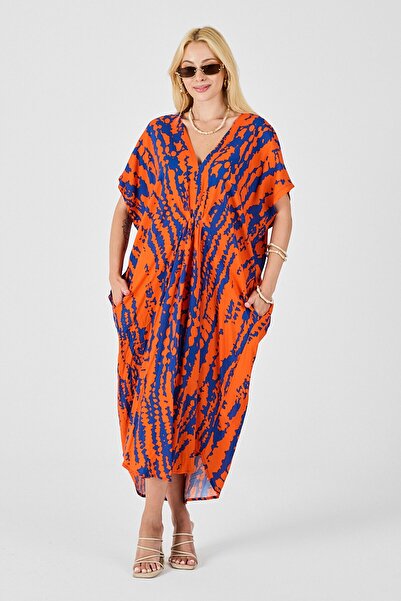 VAGGON Γυναικείο φόρεμα καφτάν με πορτοκαλί σχέδιο με λαιμόκοψη σε σχήμα V Vs00829