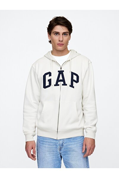 GAP Erkek Beyaz Logo Relaxed Fleece Fermuarlı Sweatshirt