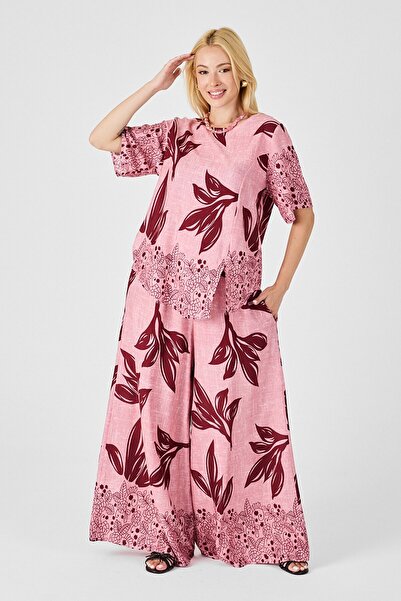 VAGGON Women's Plum-Flower Leaf Patterned Oversize Blouse and Wide Leg Pants Set Vs00836