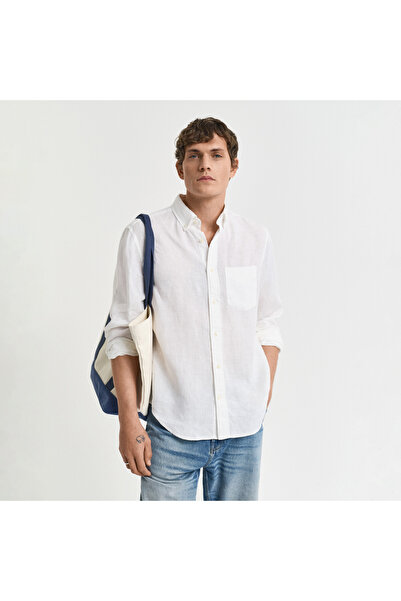 Gant Erkek Beyaz Regular Fit Düğmeli Yaka Keten Gömlek