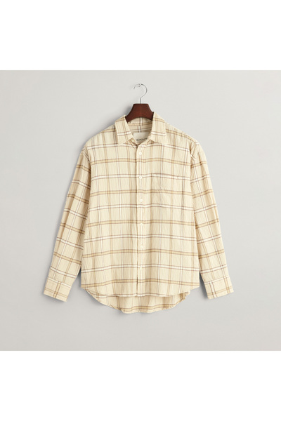 Gant Erkek Bej Oversize Fit Klasik Yaka Kareli Gömlek