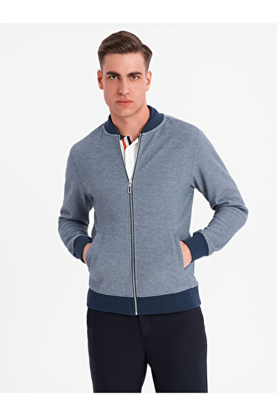 OMBRE Herren-Bomber-Sweatshirt aus Piqué-Strick – Marineblau V2 OM-SSZP-0238