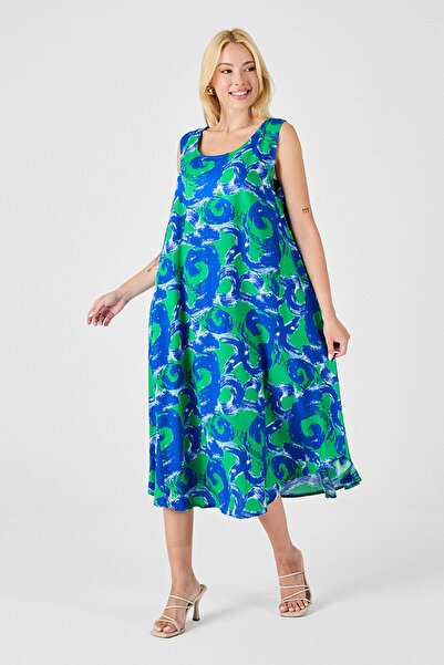 VAGGON Women's Cyan U-Neck Sleeveless Asymmetrical Cut Midi Length Dress Vs00822