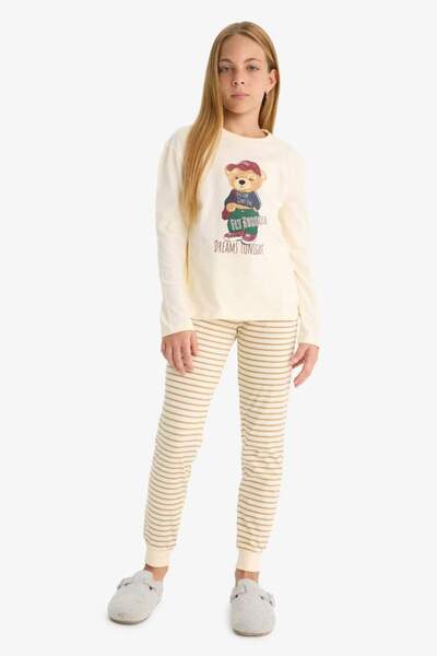DeFacto New Season Girls' Pajama Set Printed Long Sleeve Top Striped Long Bottom
