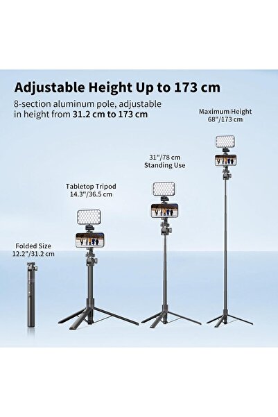 Toneof 173cm Selfie Stick Tripod Vlogging Kit with 96LED Phone Light - Black