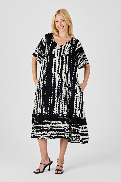 VAGGON Γυναικεία μαύρη φούστα με μοτίβο μπατίκ με λαιμόκοψη V με φουσκωτό φόρεμα μεγάλου μεγέθους Vs00828