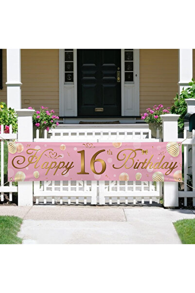 LAMEK banner de ziua de naștere, numărul 16, poliester, roz/auriu, 40 x 180 cm